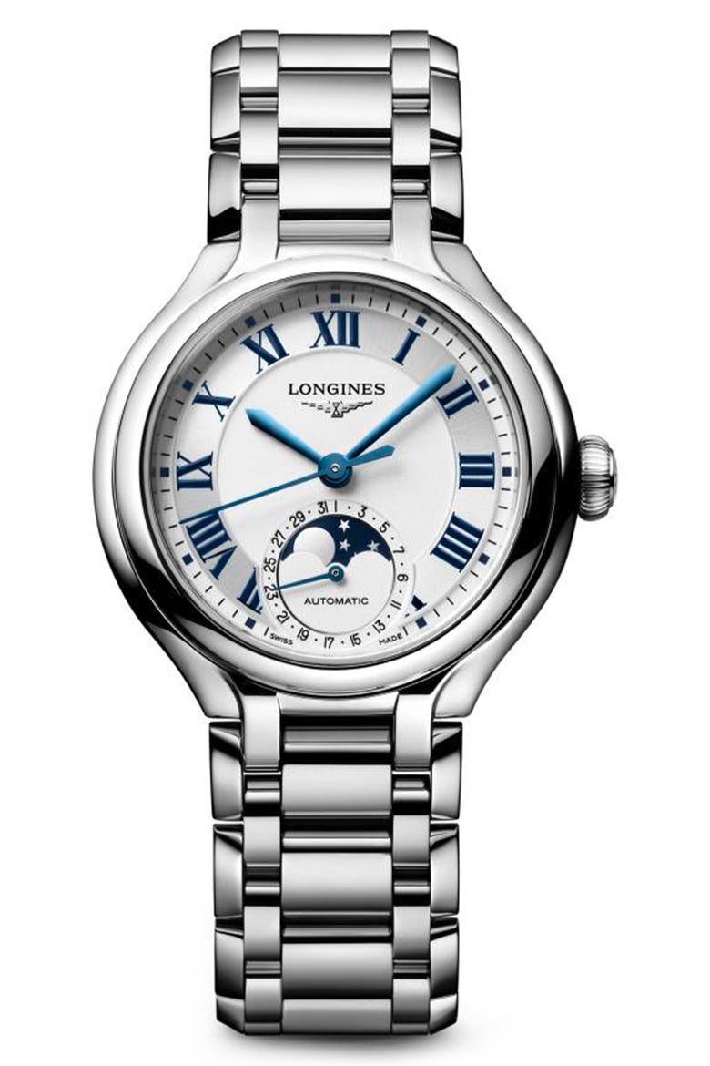 PrimaLuna Moonphase Bracelet Watch, 34mm, Main, color, SILVER