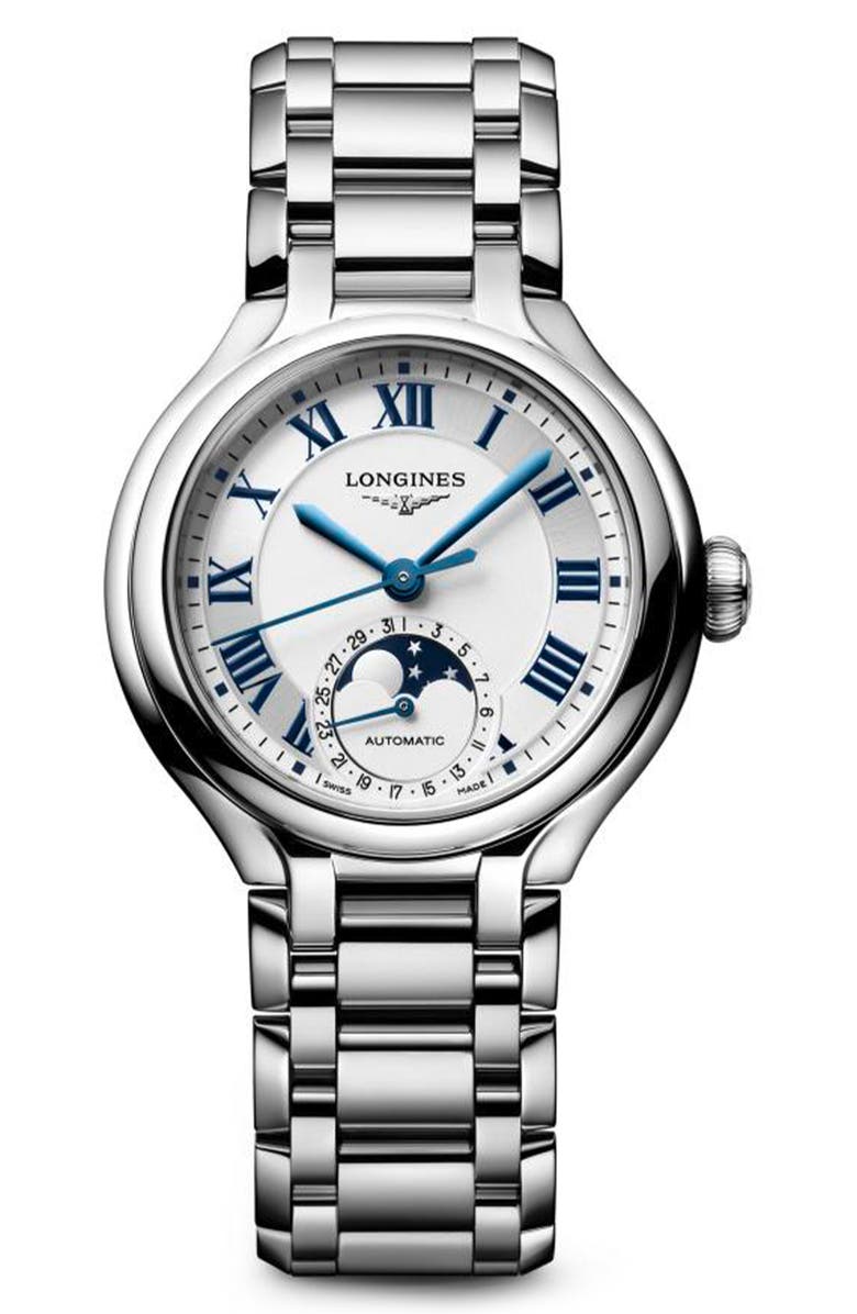 Longines PrimaLuna Moonphase Bracelet Watch, 34mm, Main, color, Silver