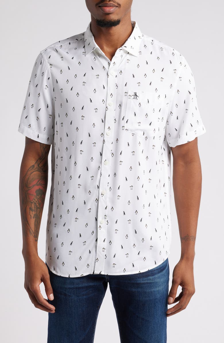 Original Penguin Print Short Sleeve Button-Up Shirt, Main, color, 