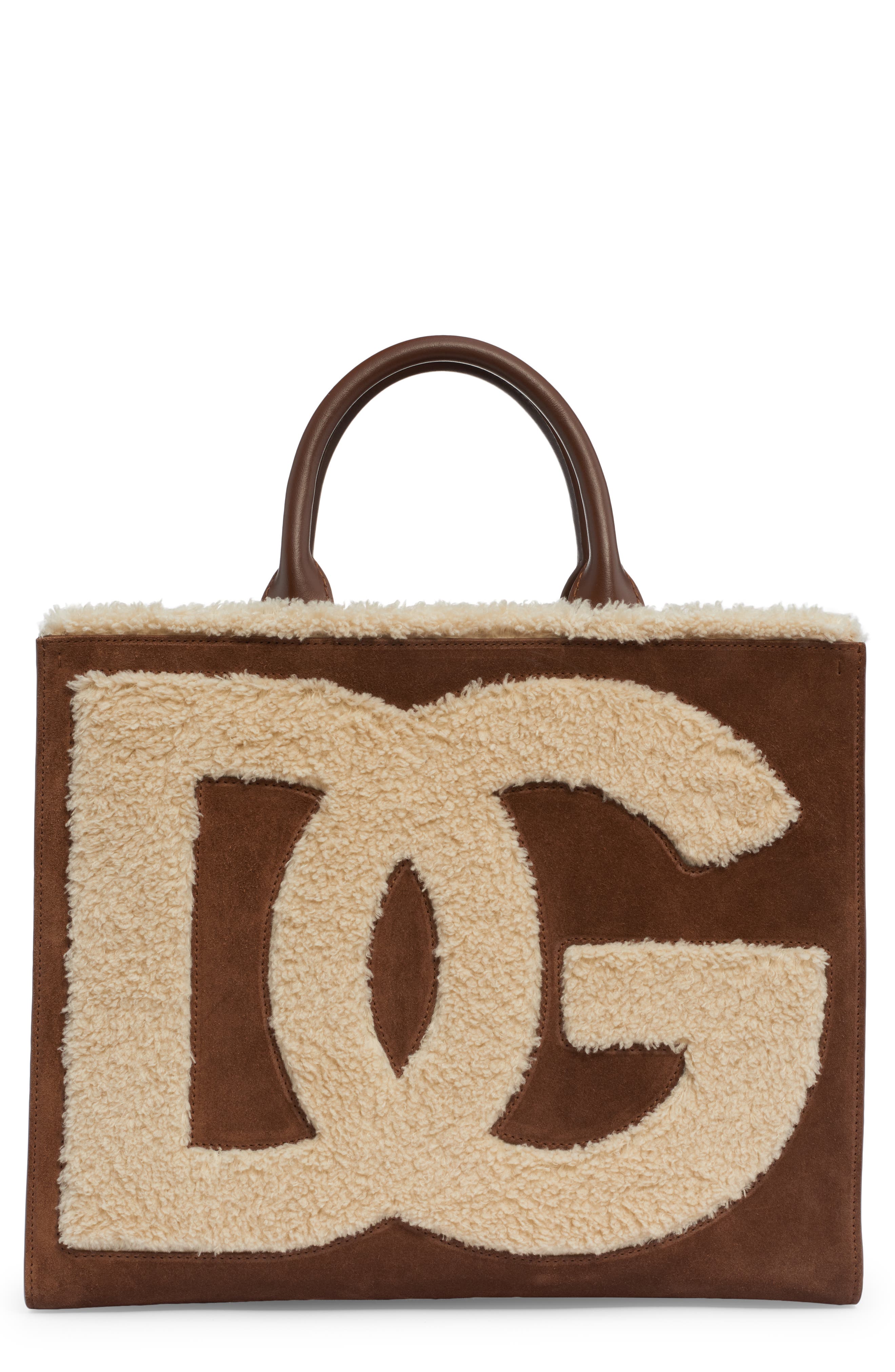 Dolce&Gabbana DG Logo Daily Suede & Faux Shearling Tote, Main, color, 
