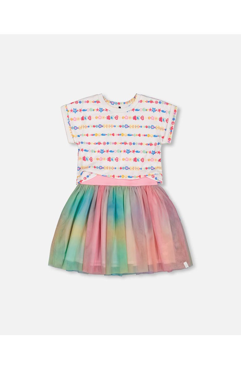 Deux par Deux Little Girl's Bi-Material Dress With Mesh Skirt Multicolored Tie Dye And White, Main, color, 