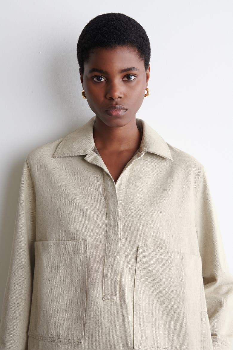 Open-Collar Denim Shirt Dress, Alternate, color, BEIGE