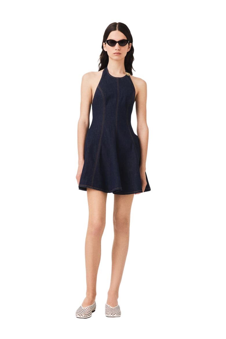 Short denim dress with brooch, Main, color, Navy