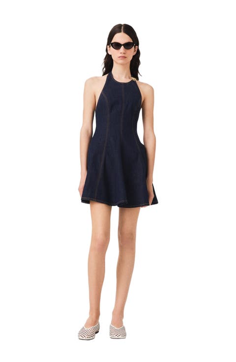 Short denim dress with brooch