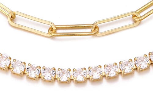 Adornia 14k Gold Plated Paper Clip Chain & Crystal Tennis Bracelet Set In Gold