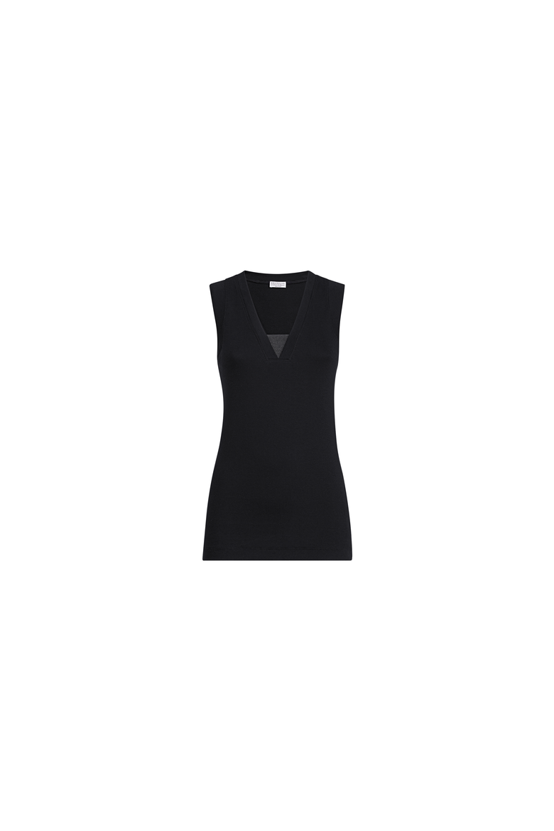 Stretch cotton jersey T-shirt with precious faux-layering, Alternate, color, Black