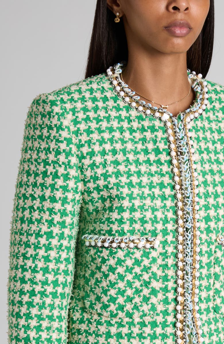 Valentino Beaded Houndstooth Cotton Blend Tweed Jacket, Alternate, color, Green