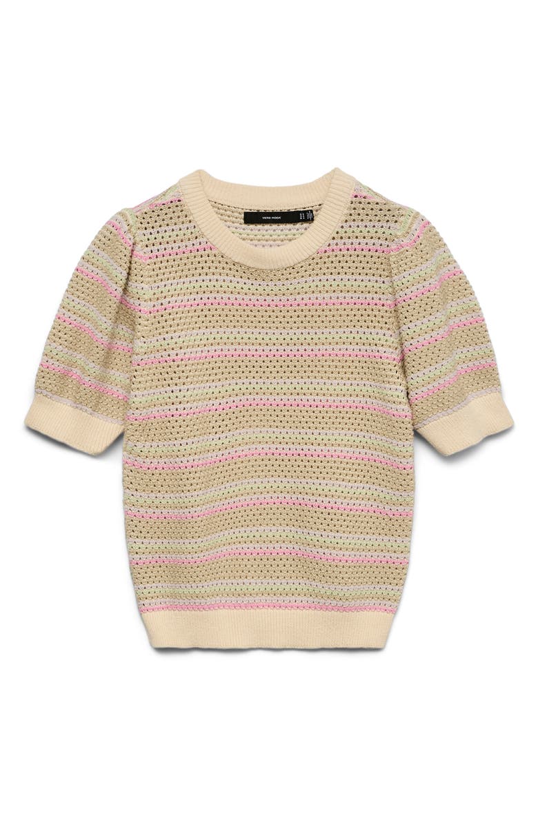 VERO MODA Rita Stripe Short Sleeve Cotton Sweater, Alternate, color, Birch Stripes Mix As