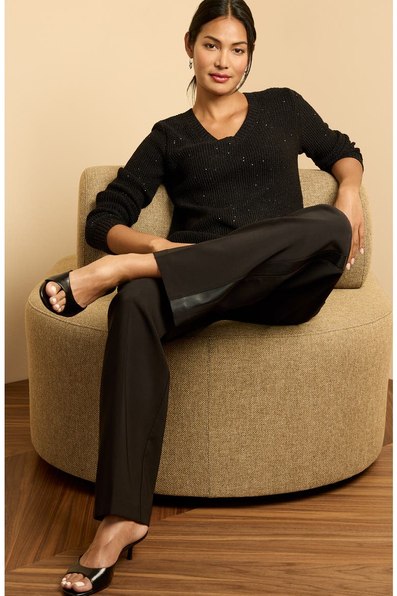 Shimmer V-Neck Waffle Stitch Sweater, Alternate, color, BLACK ONYX