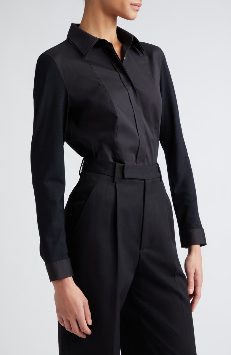 Akris punto Double Collar Stretch Cotton Button-Up Shirt, Alternate, color, Black