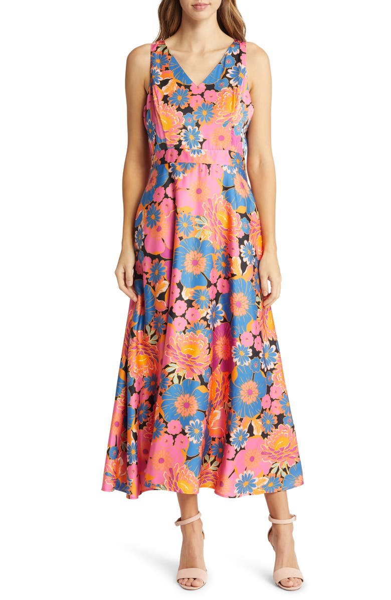 Tahari ASL Floral Sleeveless Matte Charmeuse Dress, Main, color,