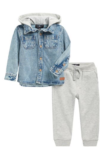 7 For All Mankind Denim Hooded Shirt & Joggers Set In Blue