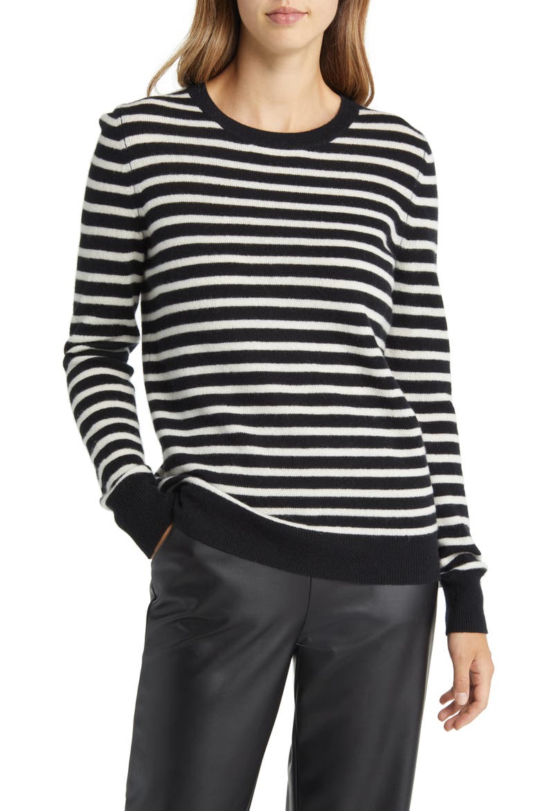 Cashmere Crewneck Sweater, Main, color, BLACK- IVORY JOSEPHINE STRIPE