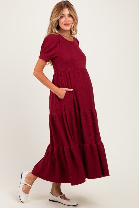 Solid Short Sleeve Tiered Maternity Maxi Dress
