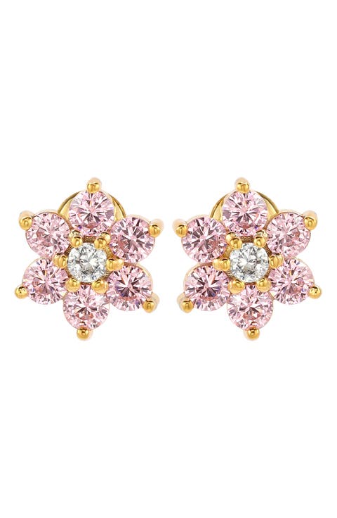 Sterling Silver & CZ Pink Flower Stud Earrings