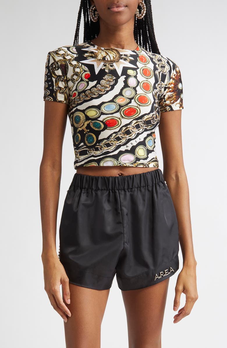 Area Gemstone Chain Print Crop Top, Main, color, Black Multi