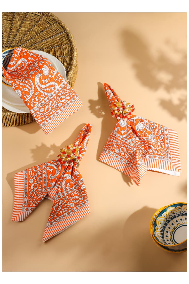 Set of 4 Floral Block Print Cotton Napkins, Alternate, color, ORANGE