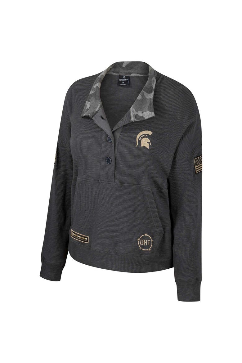 Women's Colosseum  Heather Charcoal Michigan State Spartans OHT Military Appreciation Payback Henley Thermal Sweatshirt, Alternate, color, Heather Charcoal