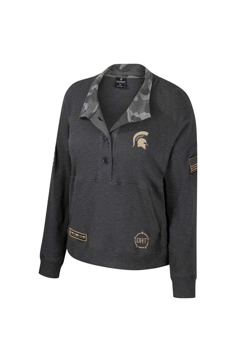 COLOSSEUM Women's Colosseum  Heather Charcoal Michigan State Spartans OHT Military Appreciation Payback Henley Thermal Sweatshirt, Alternate, color, Heather Charcoal