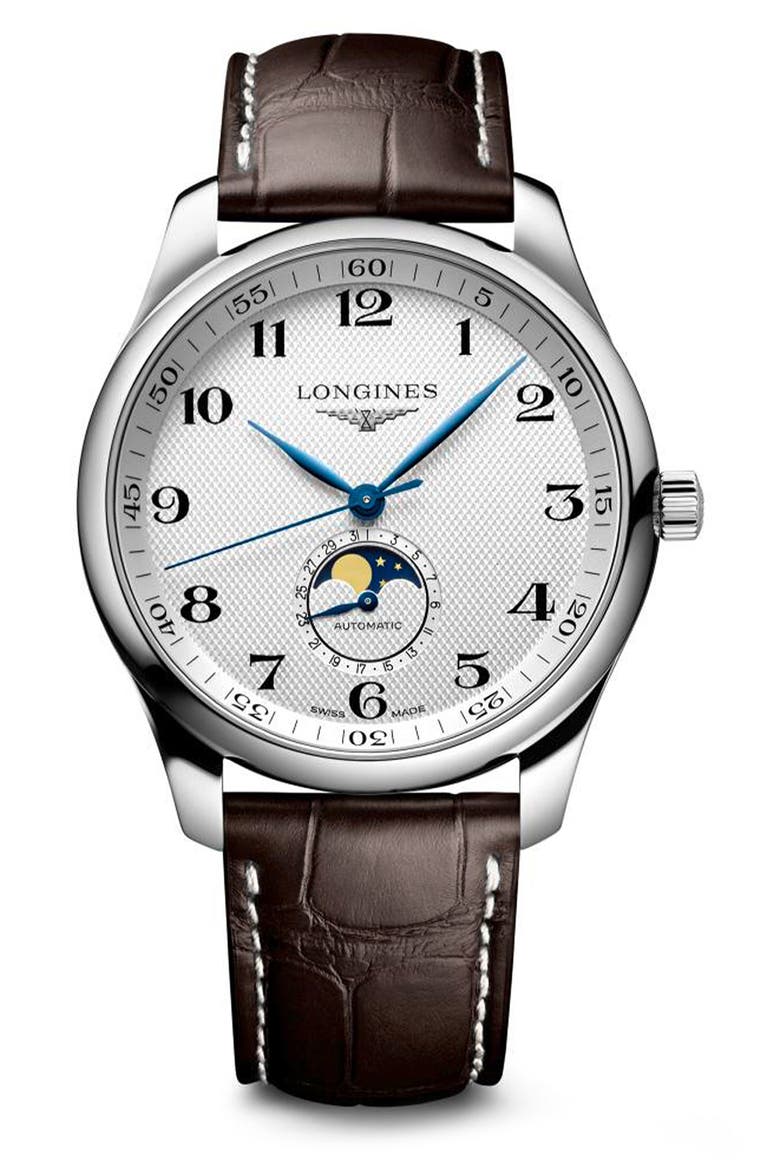 Master Collection Moonphase Automatic Leather Strap Watch, 42mm, Main, color, WHITE