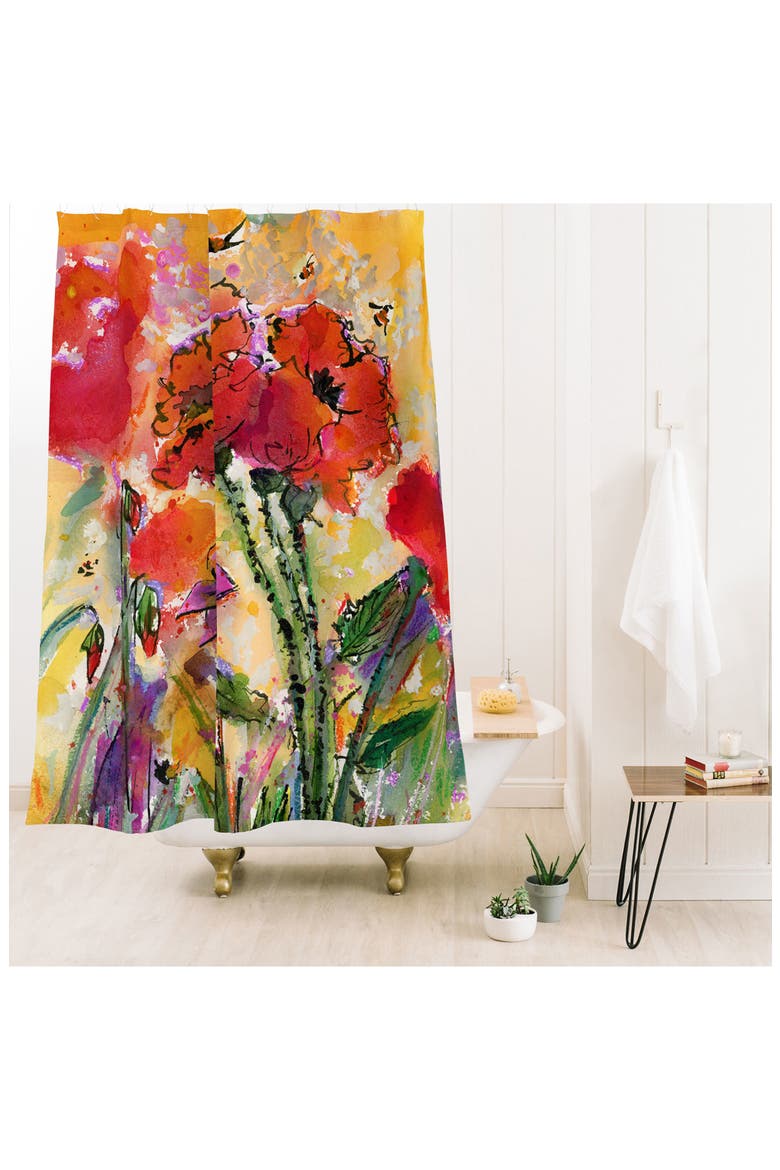 Red Poppies & Bees Shower Curtain, Alternate, color, RED