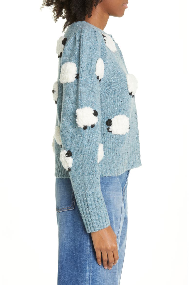 Samira Sheep Appliqué Merino Wool Blend Cardigan, Alternate, color, STONE