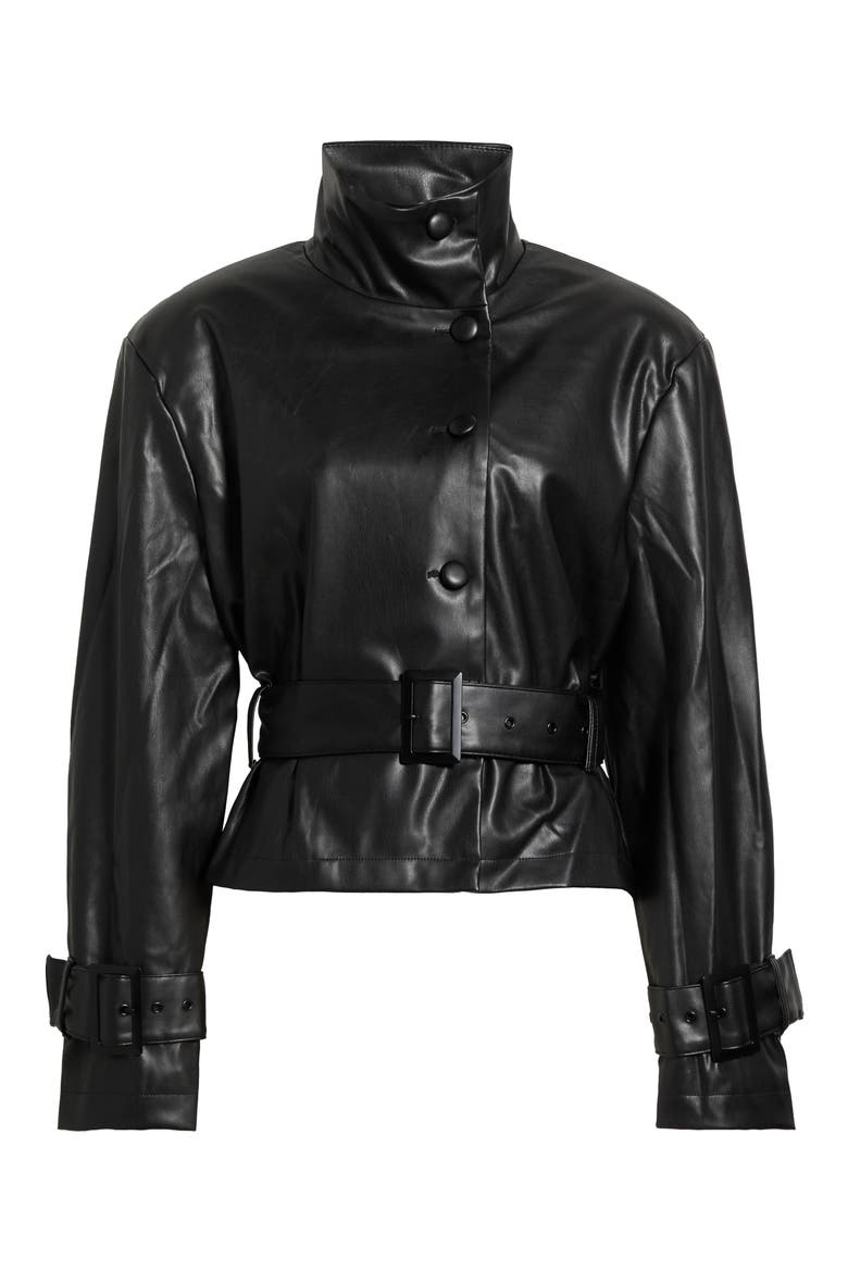Scarlette Belted Faux Leather Jacket, Alternate, color, NOIR