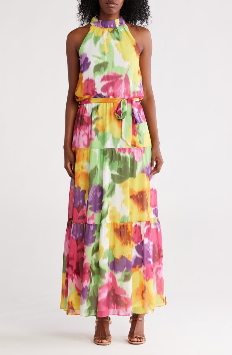 Donna Ricco Mock Neck Sleeveless Maxi Dress, Main, color, Yellow Multi