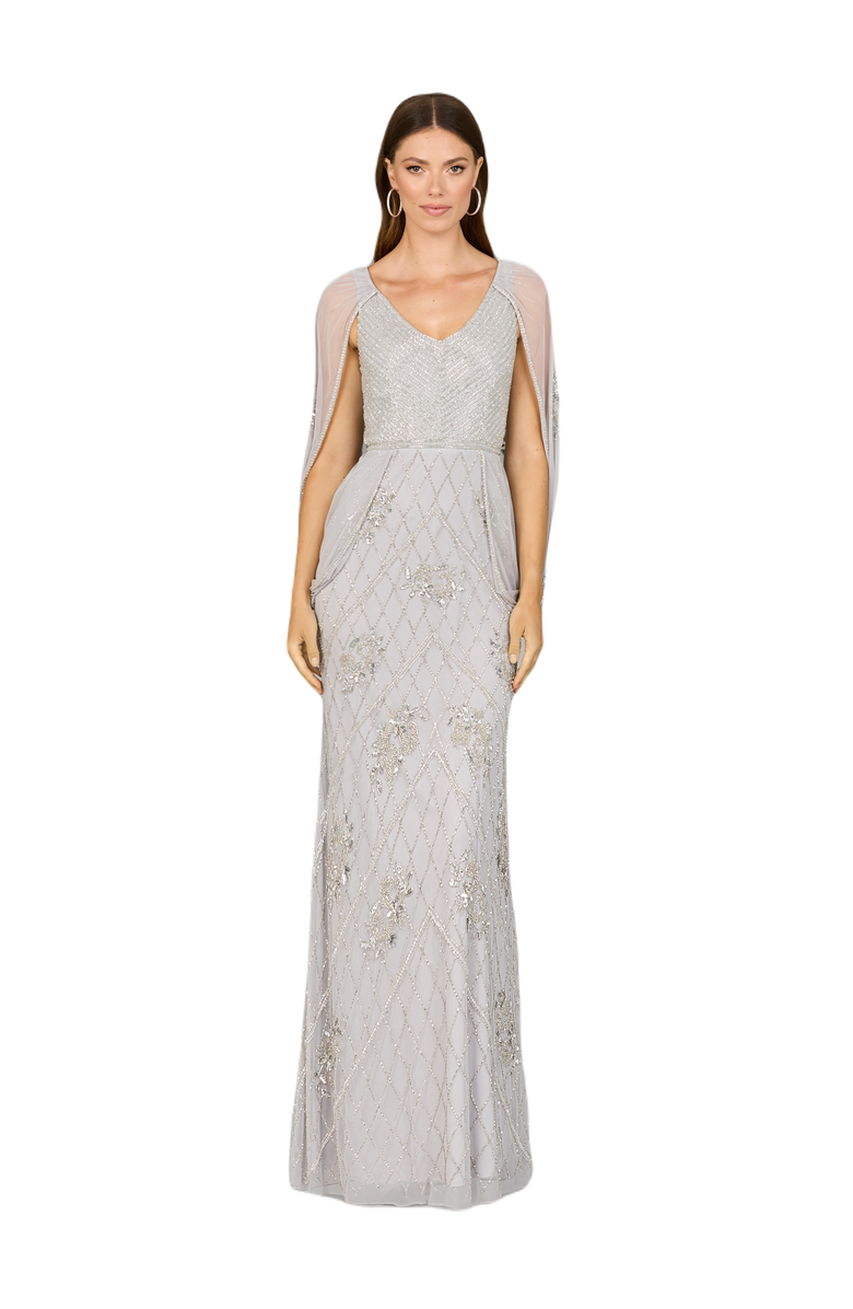 LARA New York Beaded Cape Sleeve Dress, Main, color, Silver