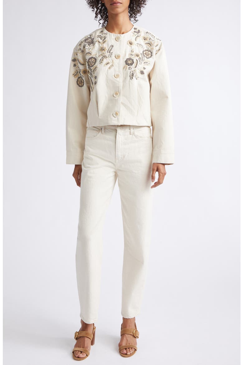 Emeren Embroidered Collarless Cotton Jacket, Alternate, color, ECRU