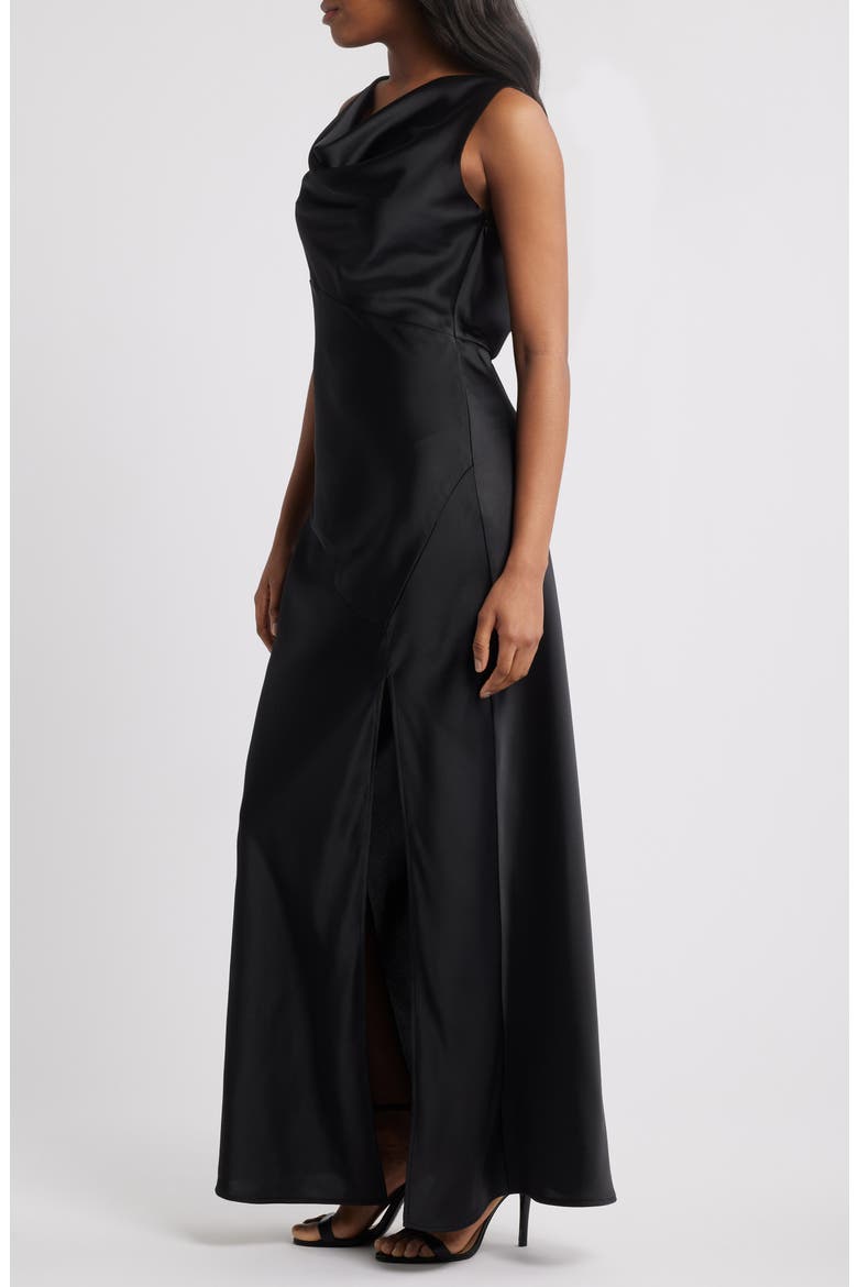 Lea Cowl Neck Satin Gown, Alternate, color, BLACK