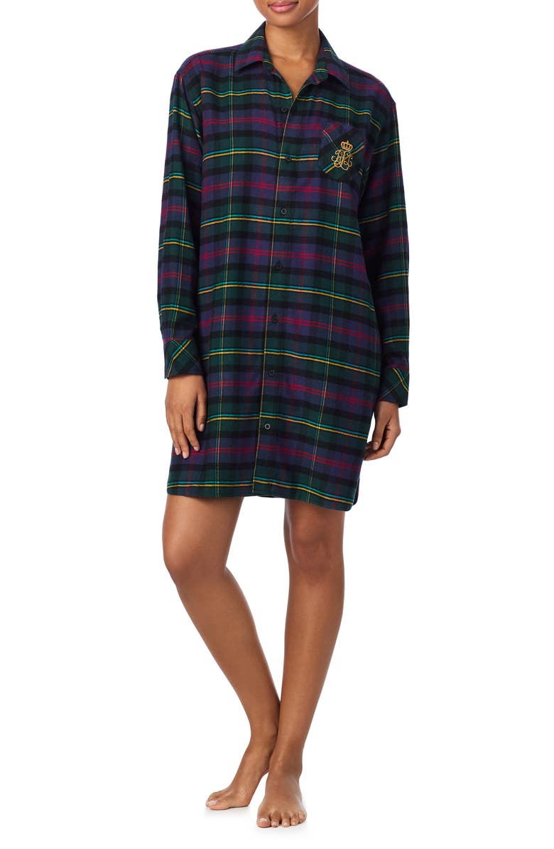 Lauren Ralph Lauren Plaid Print Sleepshirt, Main, color, Green Plaid