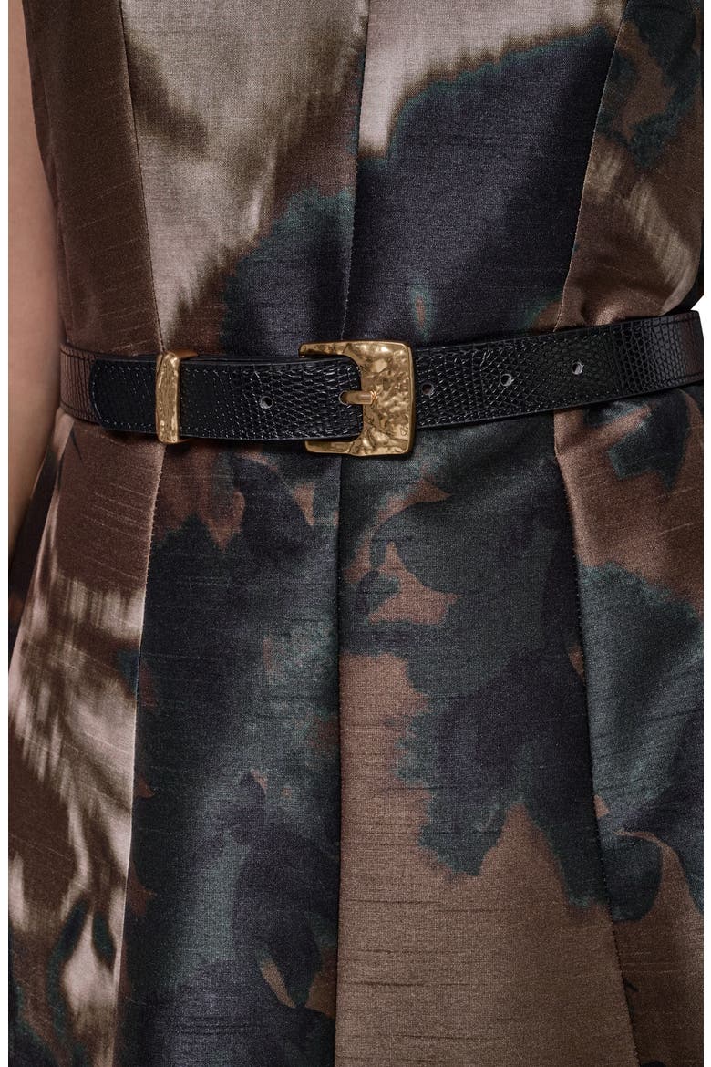 Printed V-Neck Belted Midi Dress, Alternate, color, OLIVE BROWN
