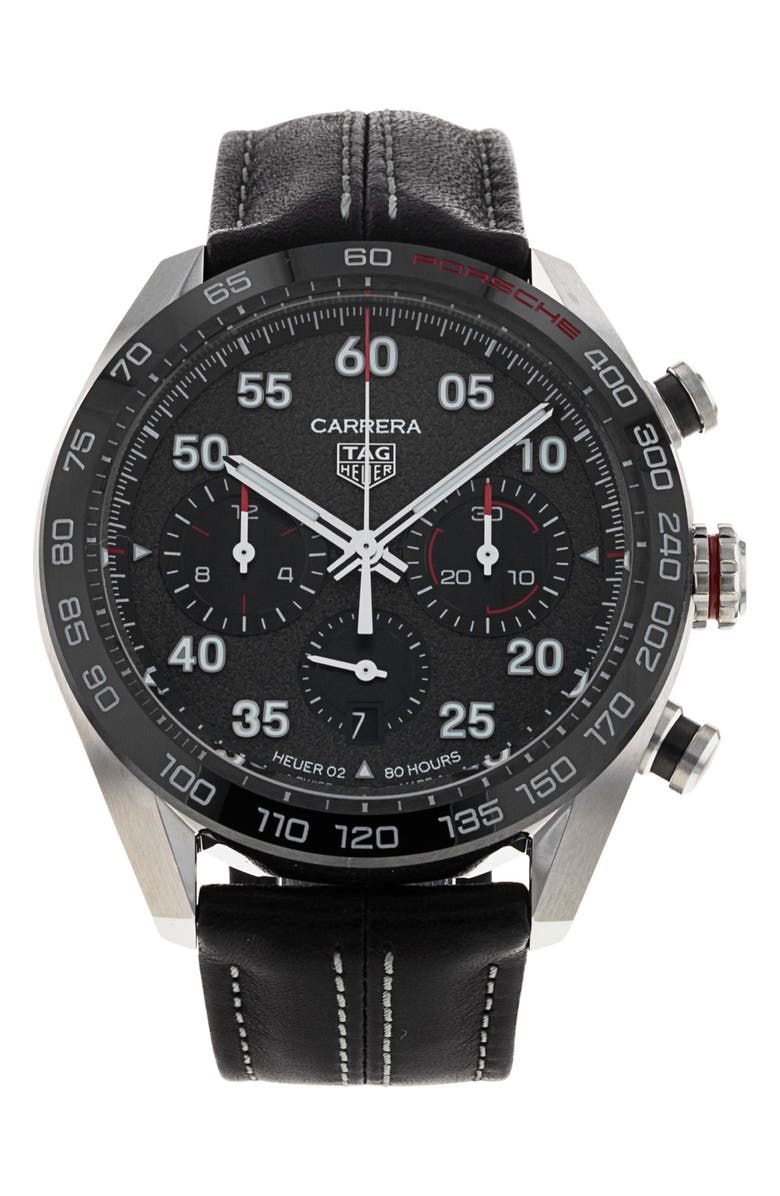 Watchfinder 
Co. Tag Heuer Preowned 2021 Porsche x Carrera Chronograph Leather Strap Watch, 44mm, Main, color, Grey