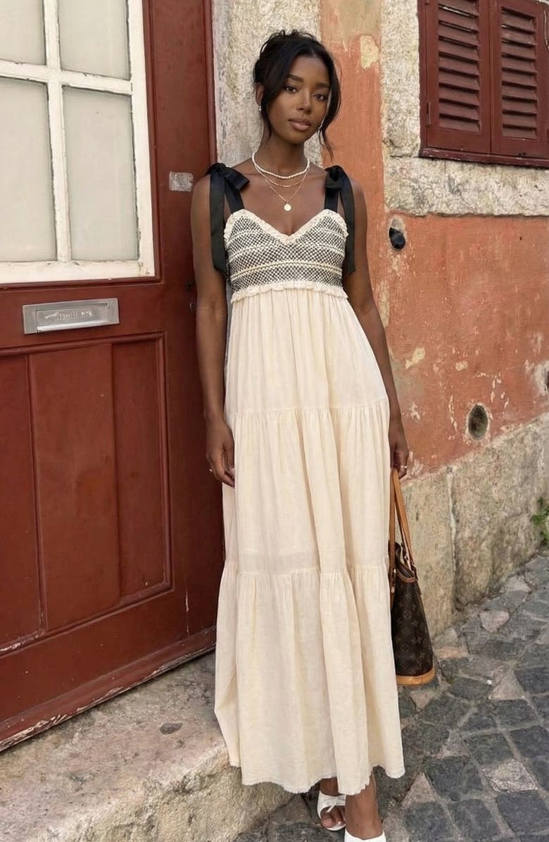 Modenaire Smocked Lace-Trim Maxi Dress, Alternate, color, Ivory