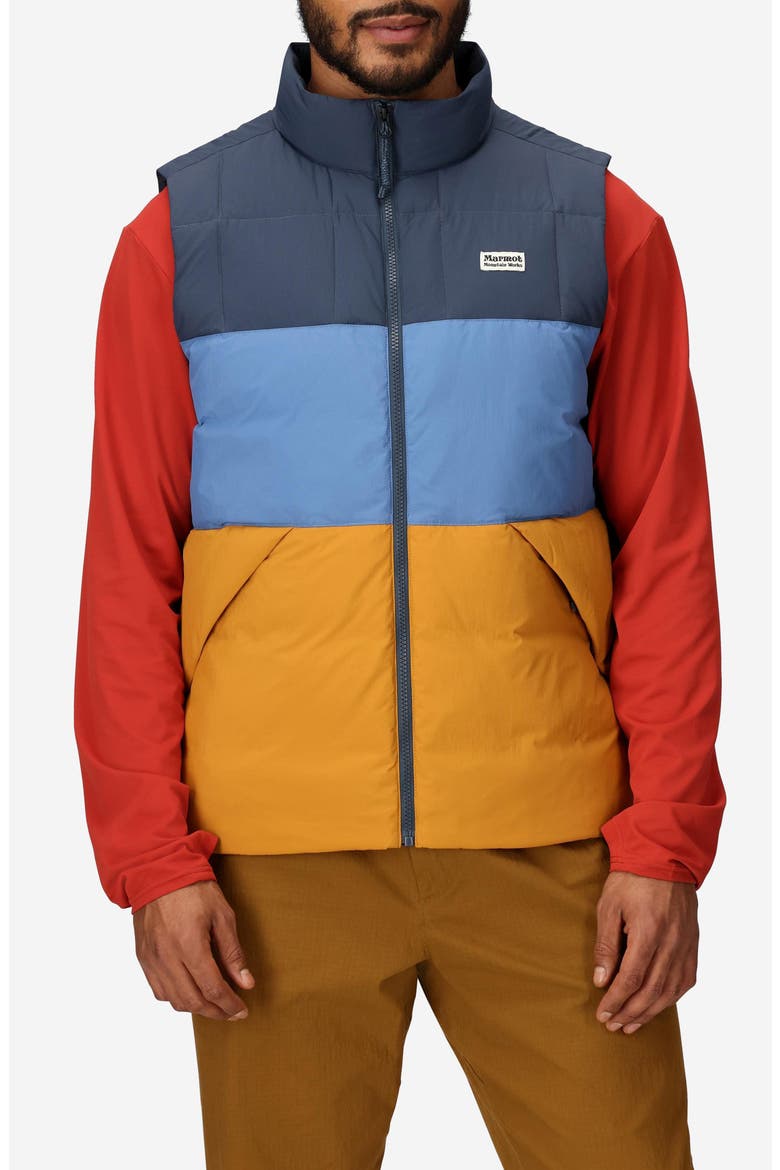 Ares Packable Recycled Nylon 700 Fill Power Down Puffer Vest, Main, color, THUNDER/ RAIN CLOUD/ HONEY