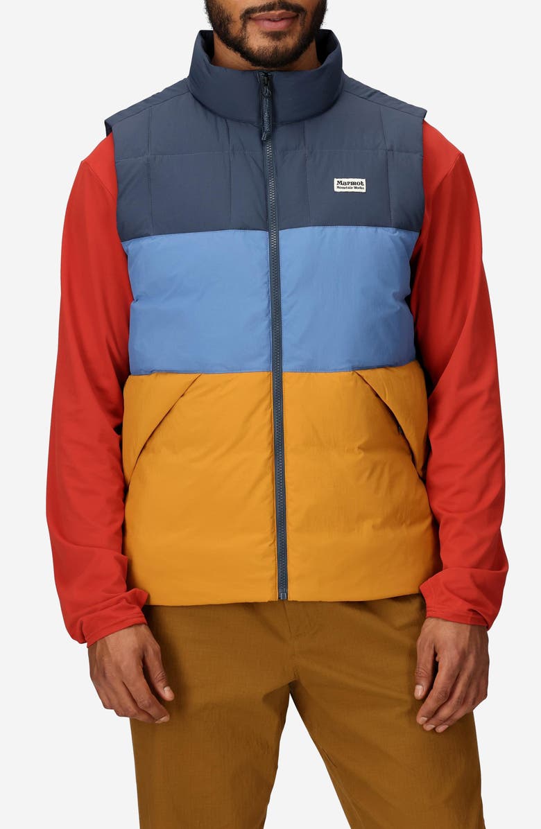 Marmot Ares Packable Recycled Nylon 700 Fill Power Down Puffer Vest, Main, color, Thunder/ Rain Cloud/ Honey