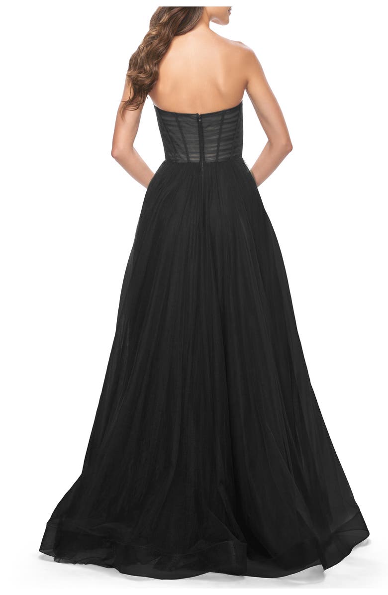La Femme Strapless Sweetheart A-Line Corset Prom Dress, Alternate, color, Black