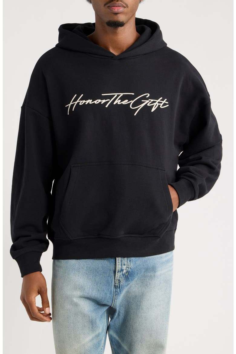 Script Cotton Graphic Hoodie, Main, color, BLACK