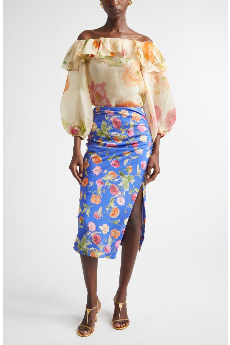 Poppy Print Silk Organza Off the Shoulder Top, Alternate, color, ALMOND MULTI