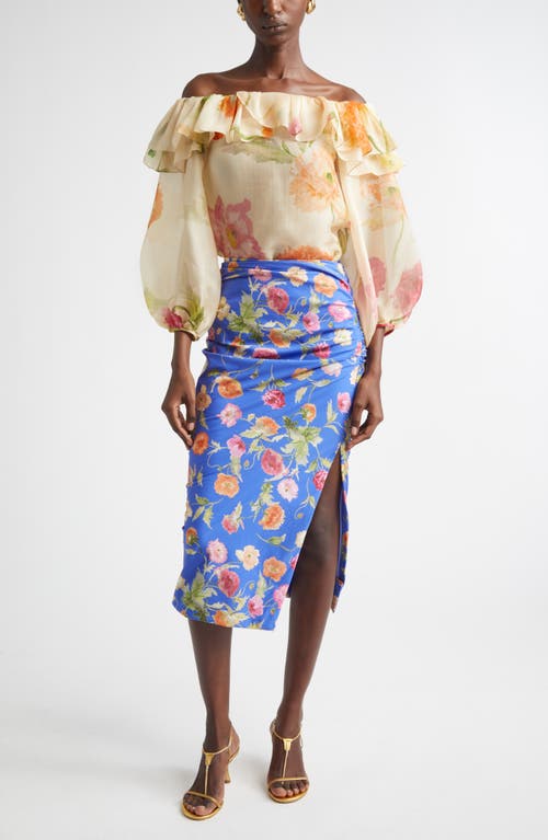 Carolina Herrera Poppy Print Ruched Pencil Skirt In Multi