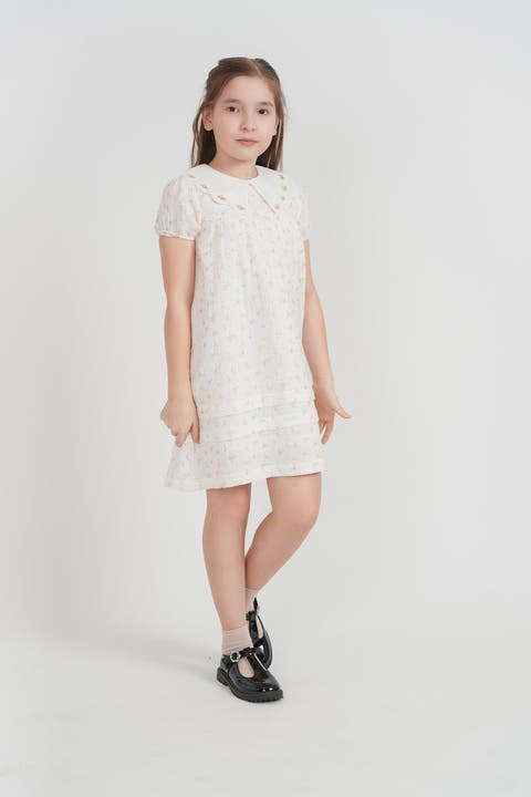 Girls' White Floral Gauze Dress, 100% Cotton, Short Sleeve, Scallop Collar, Shirred Yoke, Back Opening