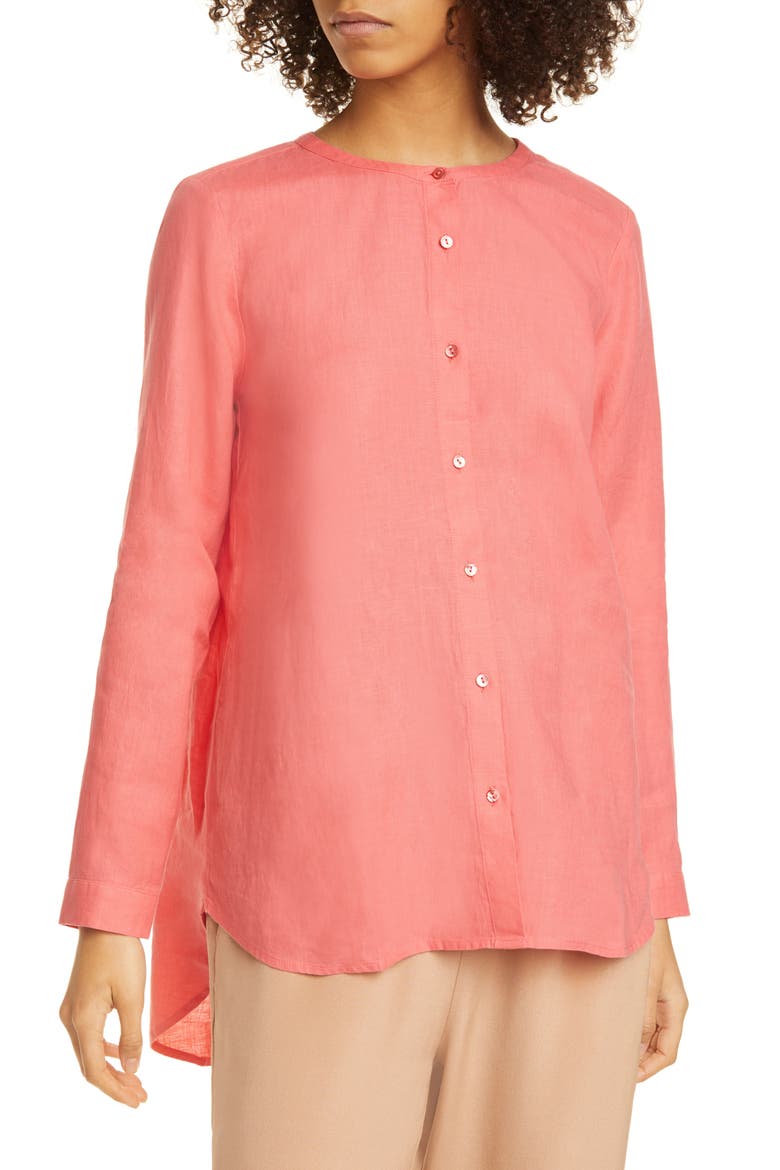 Collarless Organic Linen Button-Up Shirt, Main, color, PINK GRAPEFRUIT