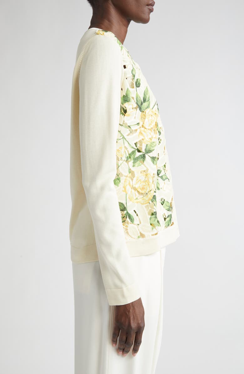Oscar de la Renta Garden Rose Print Mixed Media Cardigan, Alternate, color,
