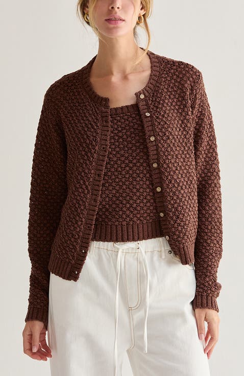 Basket Weave Knit Cardigan Tank Two Piece  Set