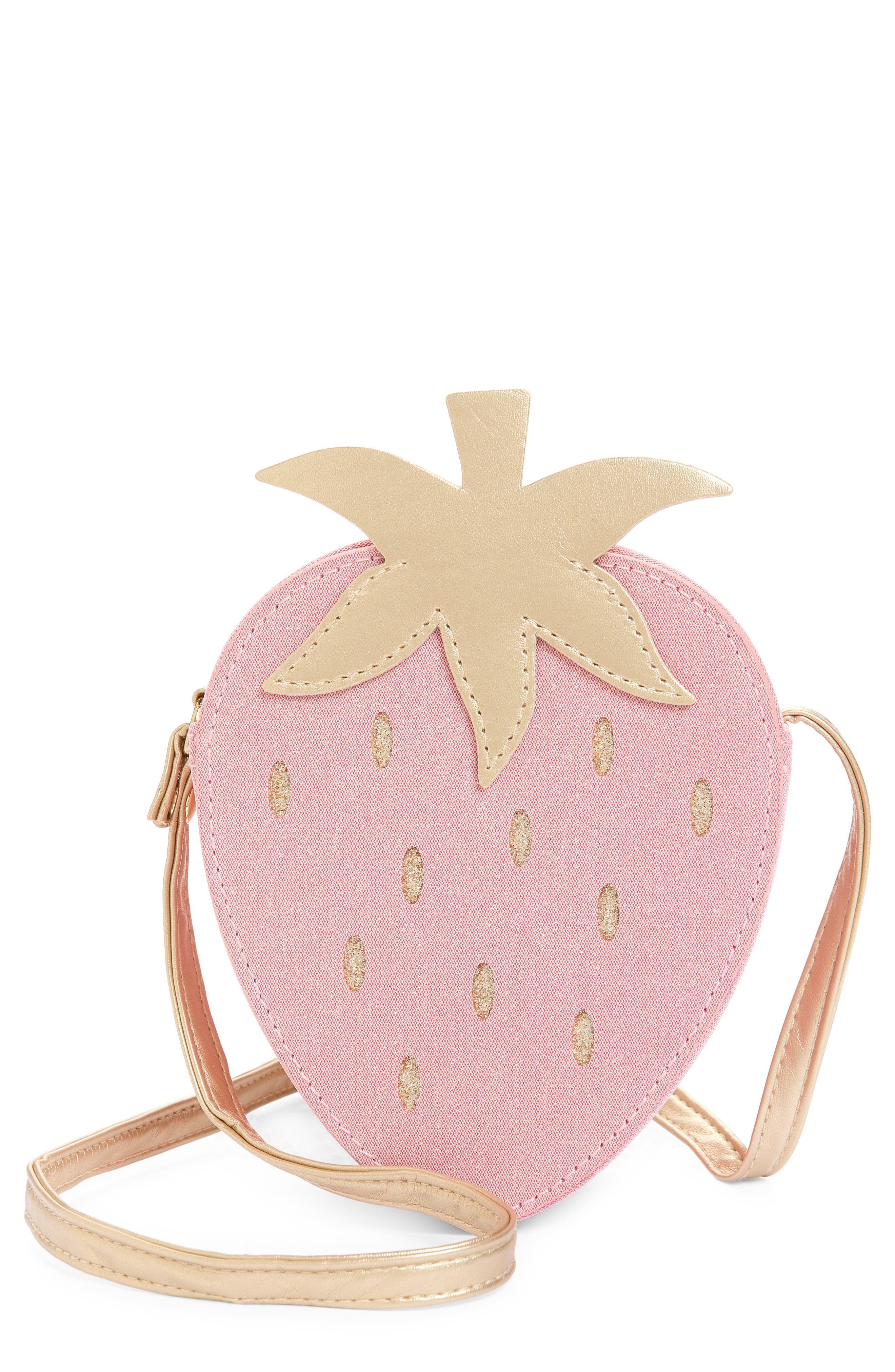 Mimi & Lula Kids' Mini Strawberry Faux Suede Crossbody Bag, Main, color, Pink