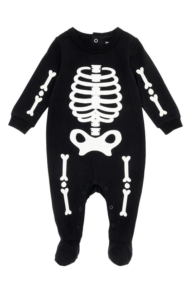 FIRSTS by Petit Lem Skeleton Glow in the Dark Organic Cotton Footie, Main, color, Blk Black