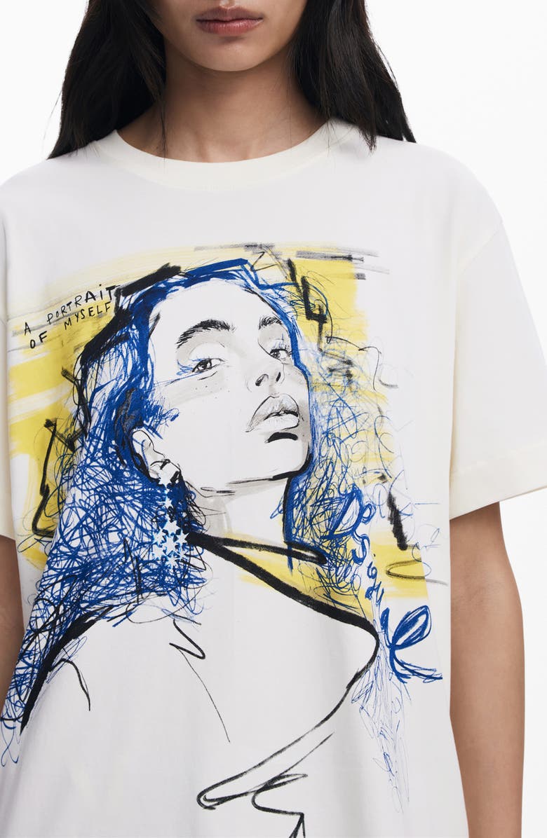 Desigual Doodle Face Cotton Graphic T-Shirt, Alternate, color, White