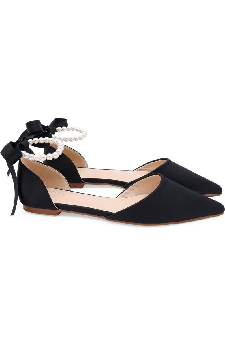 Kailee P Bella Satin Pointy Toe Flats with All Pearls Ankle Strap, Main, color, Black