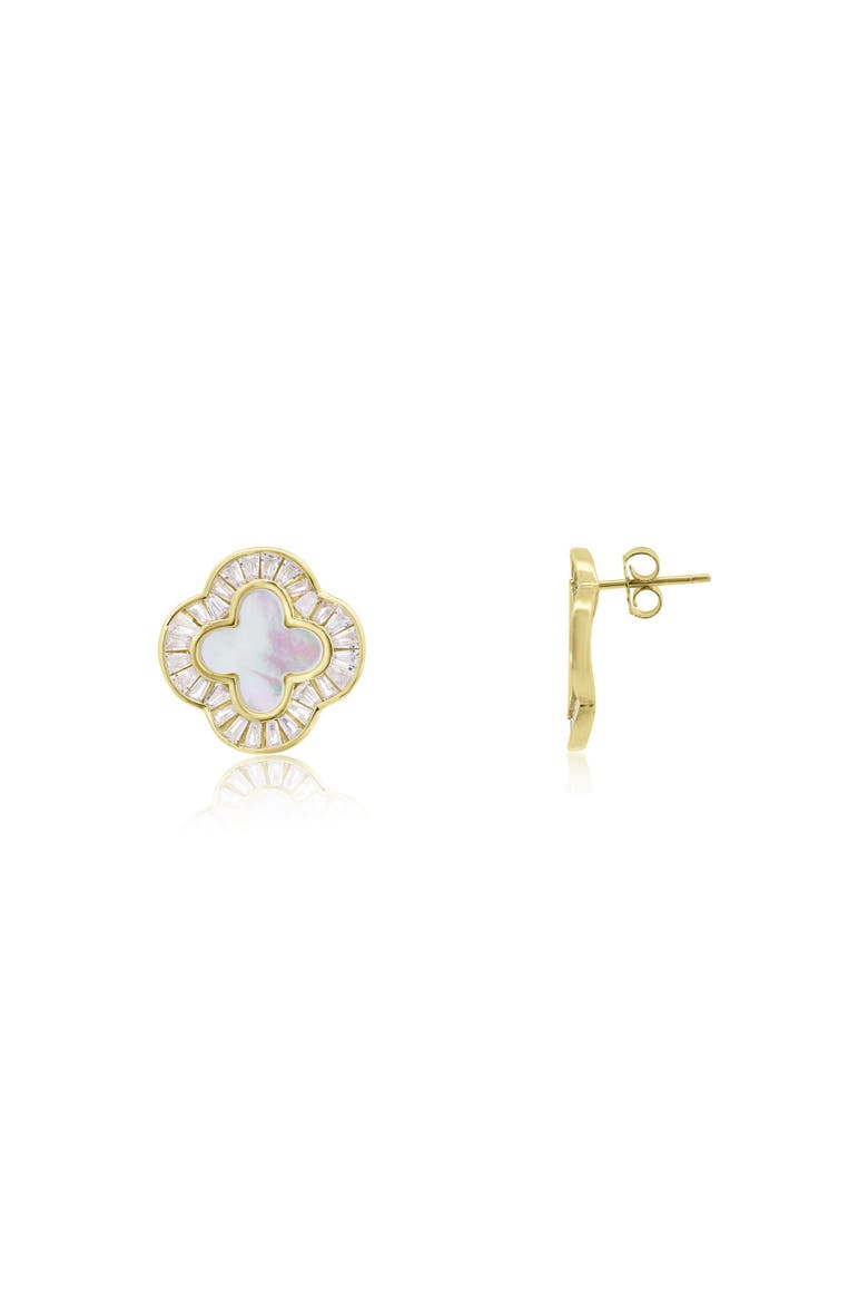 Large Mother of Pearl CZ Clover Stud Earrings, Main, color, Mother of Pearl